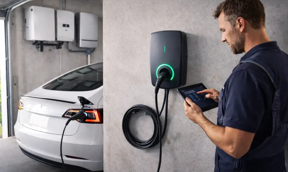 Ein Elektroauto wird an einer modernen Wallbox in einer Garage in NRW geladen, gespeist durch eine PV-Anlage.